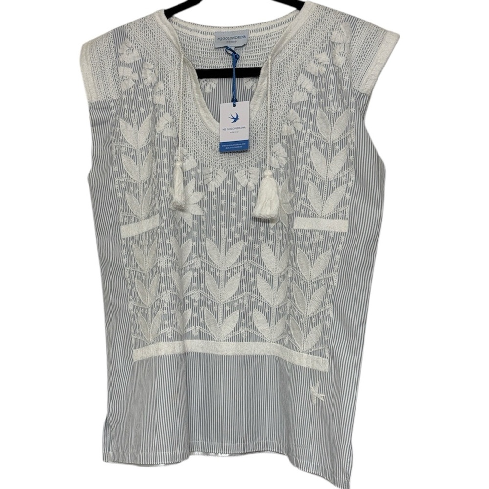 Mi Golondrina Isa Pan Nieve Blouse White/ Stripes Size S NWT Embroidered Mexico